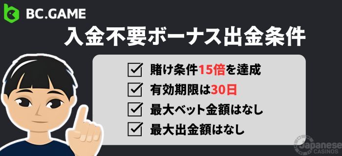 BC.game の入金不要ボーナス 出金条件